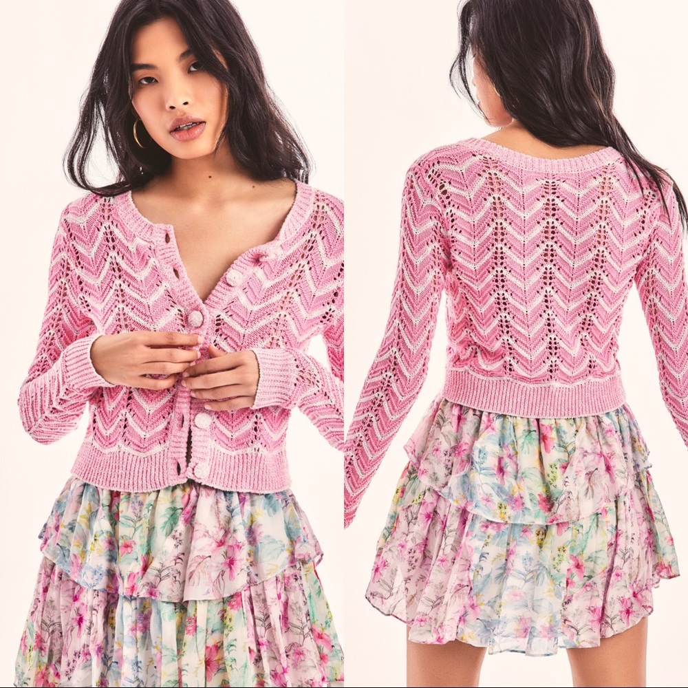 LOVESHACKFANCY AMOR PINK MELROSE CROPPED CARDIGAN